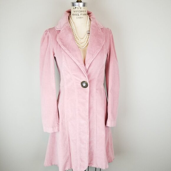 Vintage 1990's Bisou Bisou Pink Velvet Fitted Collared Puff Sleeve Long Coat * M - Picture 1 of 13